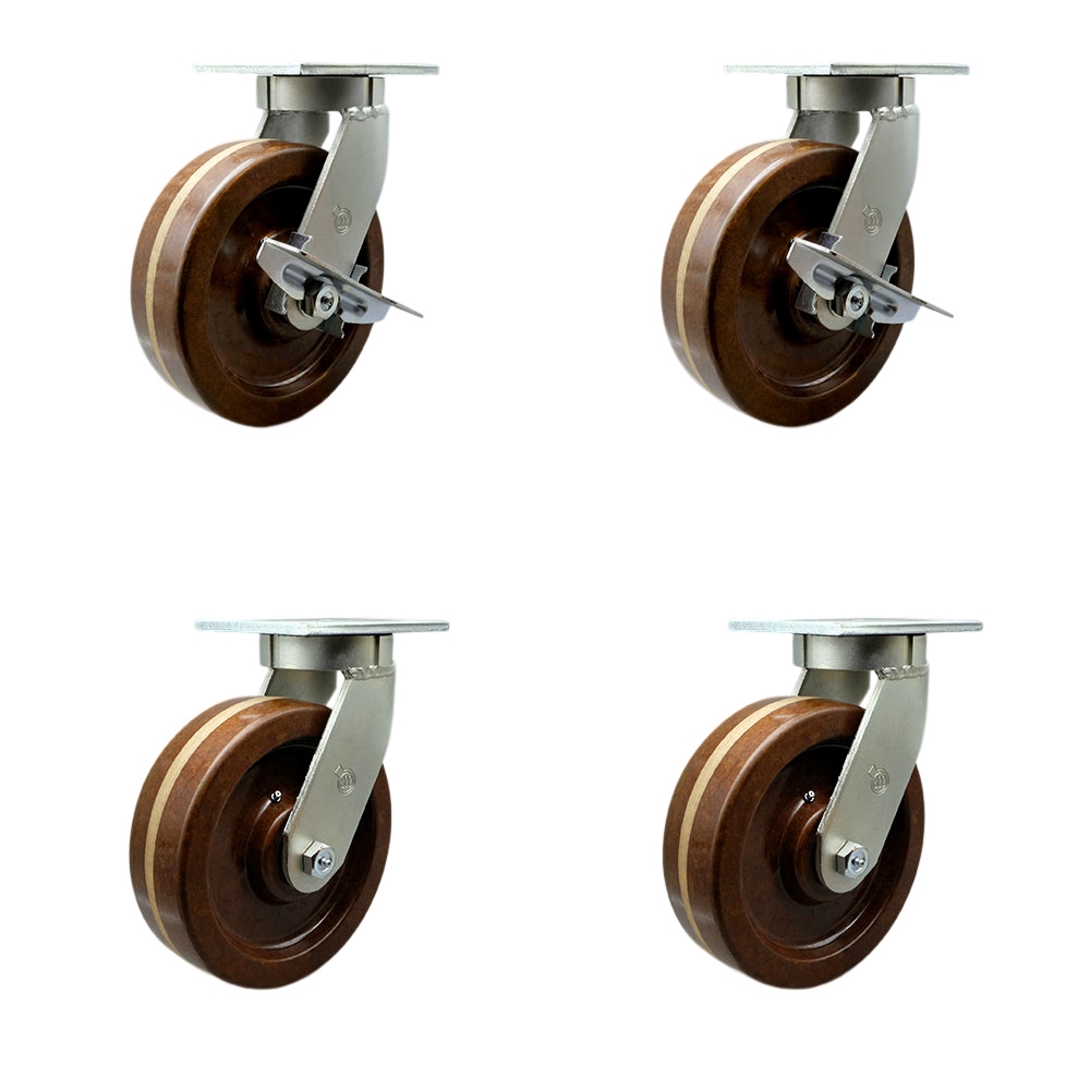 8 Inch Swivel Top Plate Caster Set Extra Heavy Duty Casters with High Temp Phenolic Wheels-Includes 2 Swivel w/Brakes and Bolt on Swivel Locks and 2 Swivel w/Bolt on Swivel Locks-Service Caster Brand — photo 1