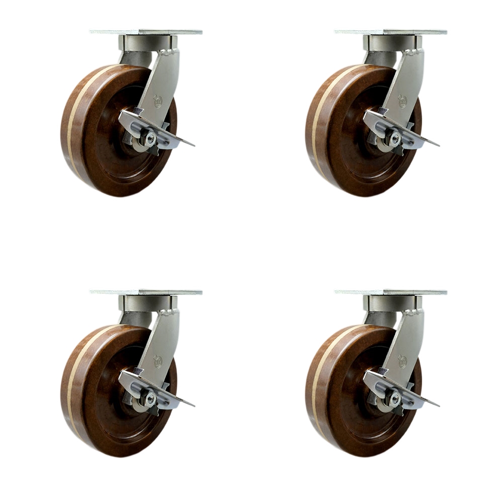 8 Inch Swivel Top Plate Caster Set Extra Heavy Duty Casters with High Temp Phenolic Wheels-Includes 2 Swivel with Brakes and Bolt on Swivel Locks and 2 Swivel with Brake-Set of 4-Service Caster Brand — photo 1
