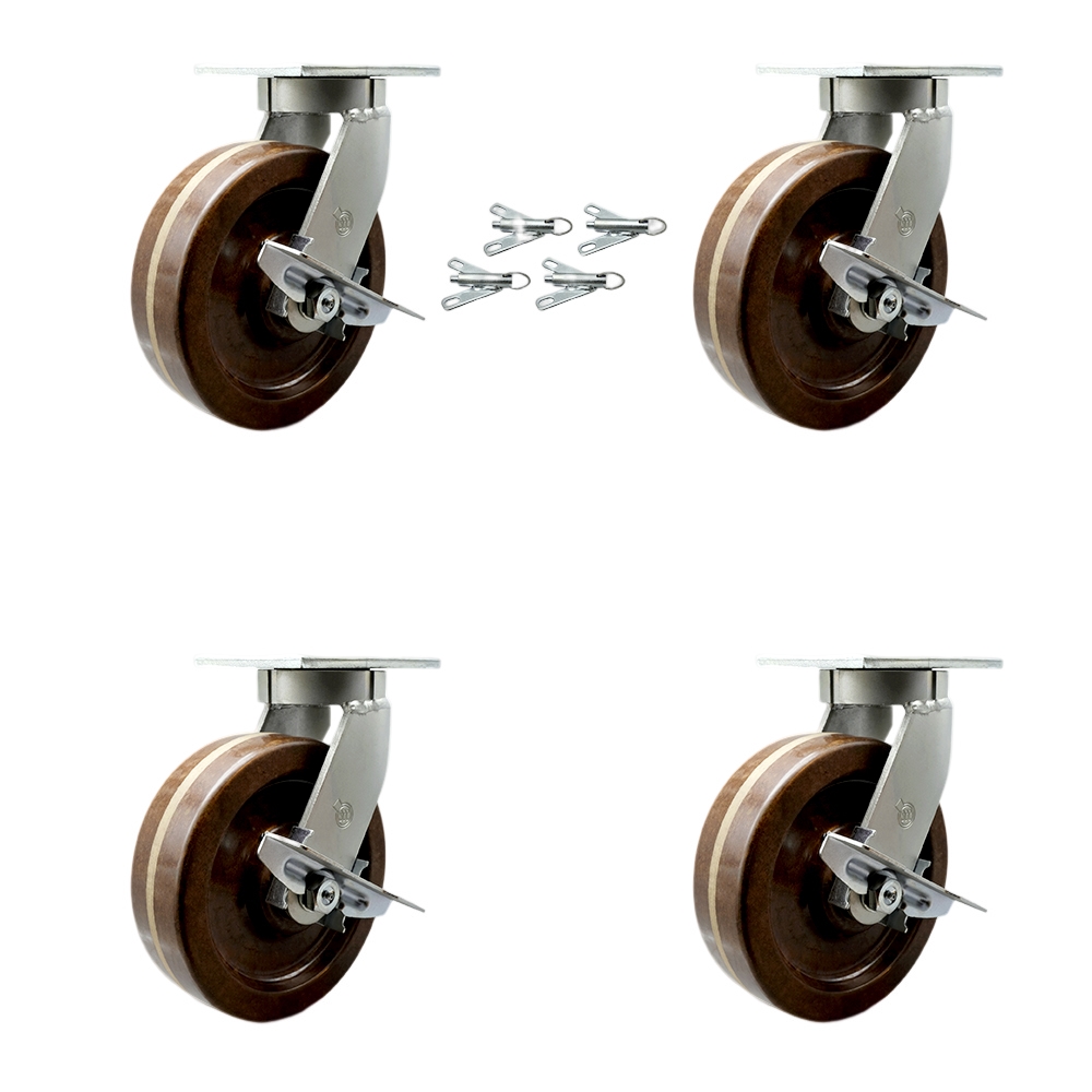 8 Inch Swivel Top Plate Caster Set Extra Heavy Duty Casters with High Temperature Phenolic Wheels - Includes 4 Swivel with Top Lock Brakes and Bolt on Swivel Locks - Set of 4 - Service Caster Brand — photo 1