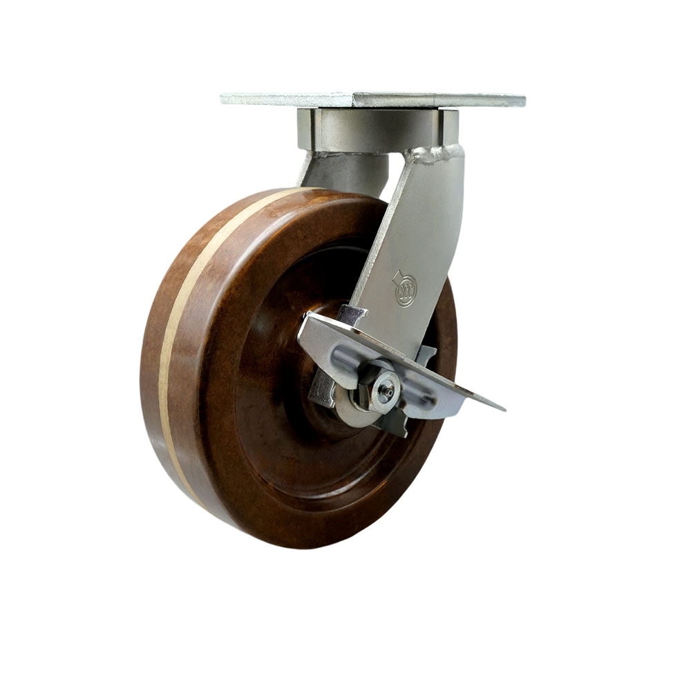 Extra Heavy Duty Kingpinless 8” x 3” High Temperature Phenolic Swivel Caster with Bolt on Swivel Lock and Brake for Cranes, Gantries, Hoists, and Winches - 2,500 lbs Per Caster - Service Caster Brand — photo 1