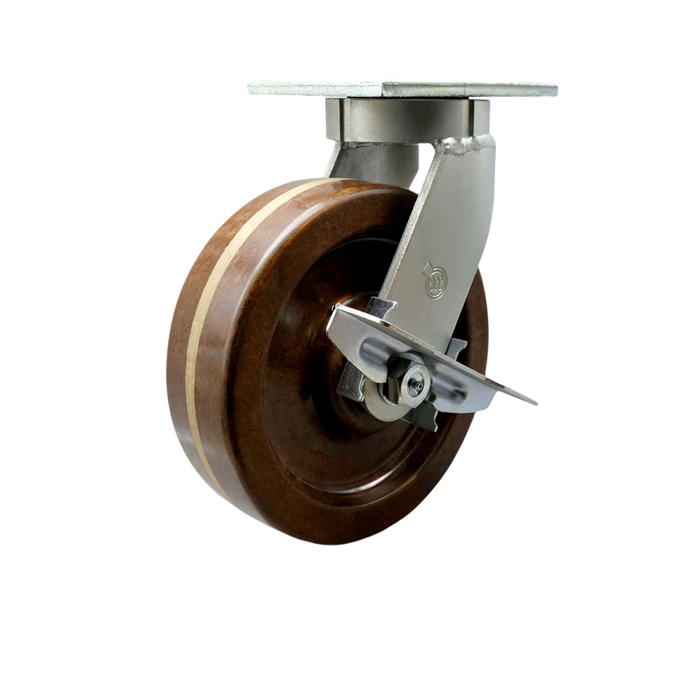 Extra Heavy Duty Kingpinless 8” x 3” High Temperature Phenolic Swivel Caster with Side Lock Brake for Cranes, Gantries, Hoists, and Winches - 2,500 lbs Per Caster - Service Caster Brand — photo 1