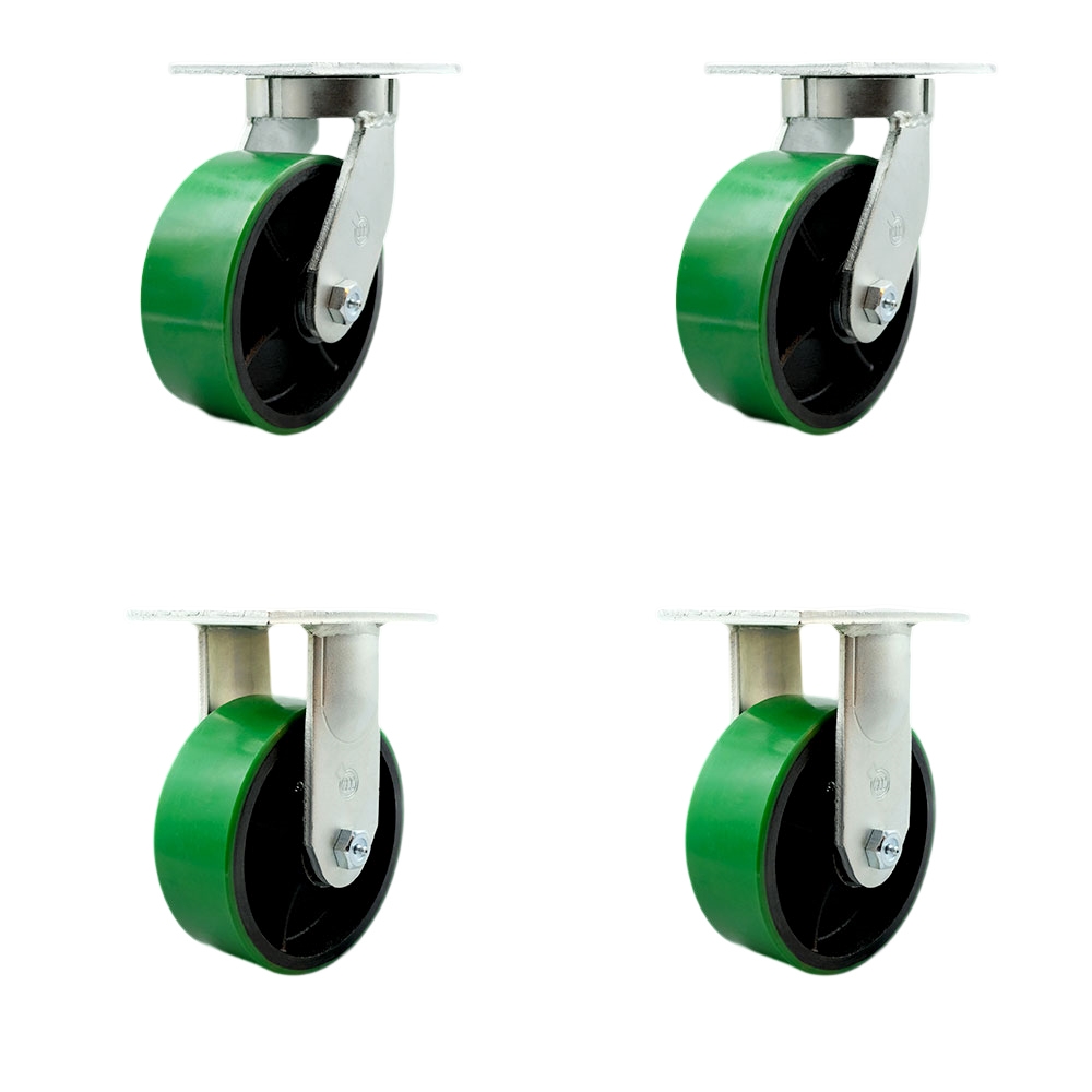 Extra Heavy Duty Kingpinless 8”x3” Green Poly on Cast Iron Swivel Caster Set for Cranes, Gantries, Hoists, and Winches-2 Swivel and 2 Rigid Casters-2,500lbs Per Caster-Set of 4-Service Caster Brand — photo 1