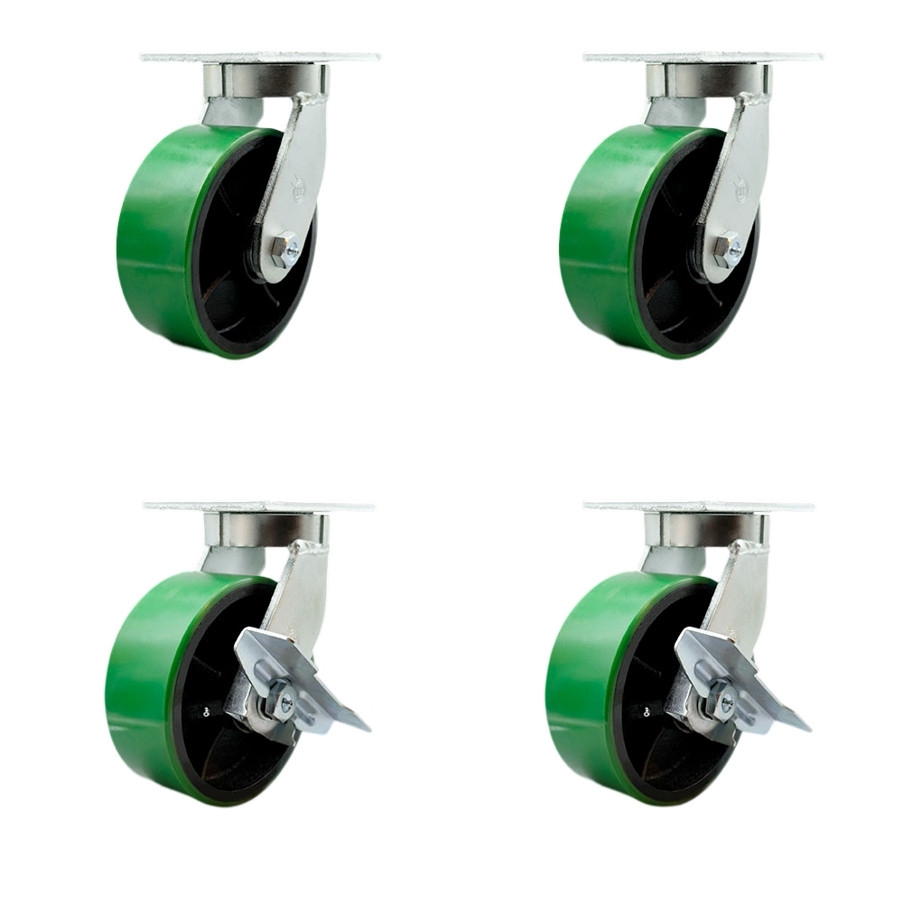 Extra Heavy Duty 8” x 3” Green Poly on Cast Iron Swivel Caster Set for Cranes, Gantries, Hoists, and Winches - 4 Swivel with 2 Side Lock Brakes -2,500 lbs Per Caster–Set of 4 - Service Caster Brand — photo 1