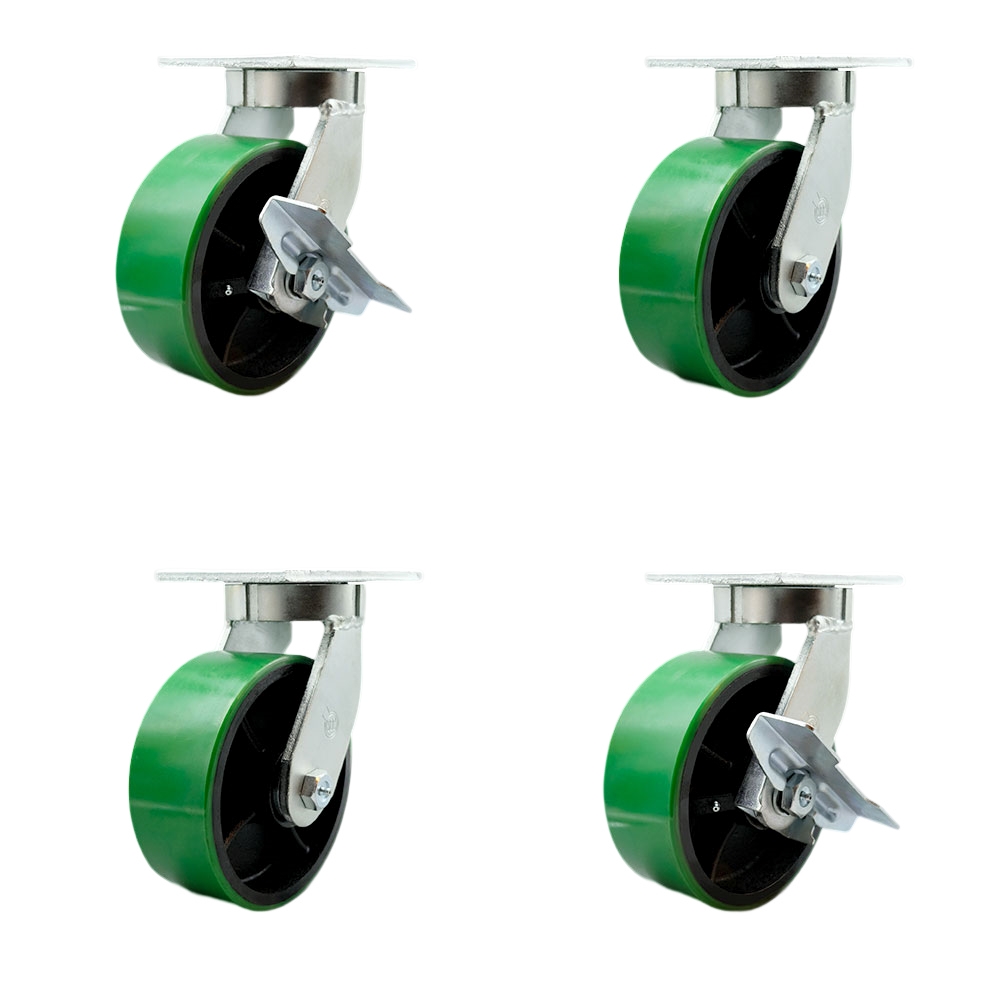 8 Inch Swivel Top Plate Caster Set Extra Heavy Duty Casters with Green Poly on Cast Iron Wheels - Includes 2 Swivel with Bolt on Swivel Locks and 2 Swivel with Brakes -Set of 4 - Service Caster Brand — photo 1
