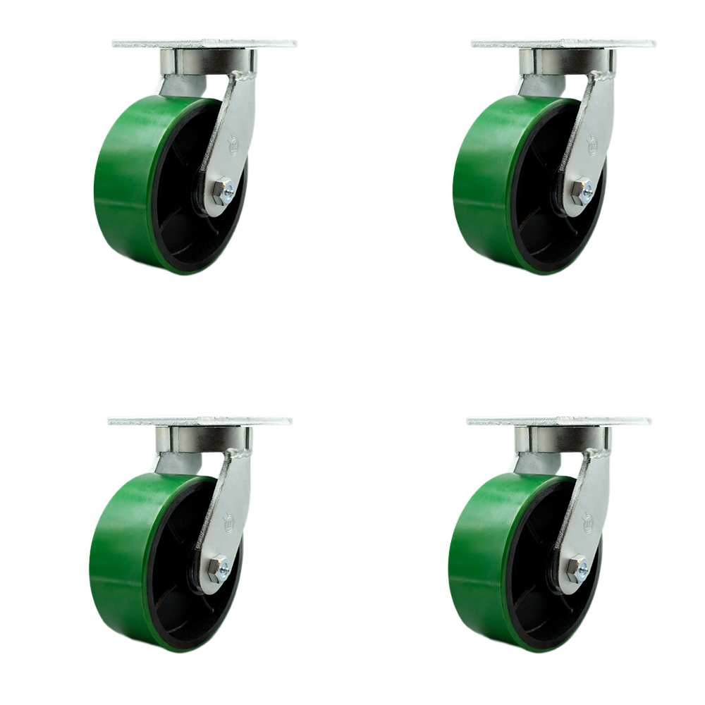 8 Inch Swivel Top Plate Caster Set Extra Heavy Duty Casters with Green Polyurethane on Cast Iron Wheels - Includes 4 Swivel with Bolt on Swivel Locks-Casters Set of 4 Heavy Duty- Service Caster Brand — photo 1