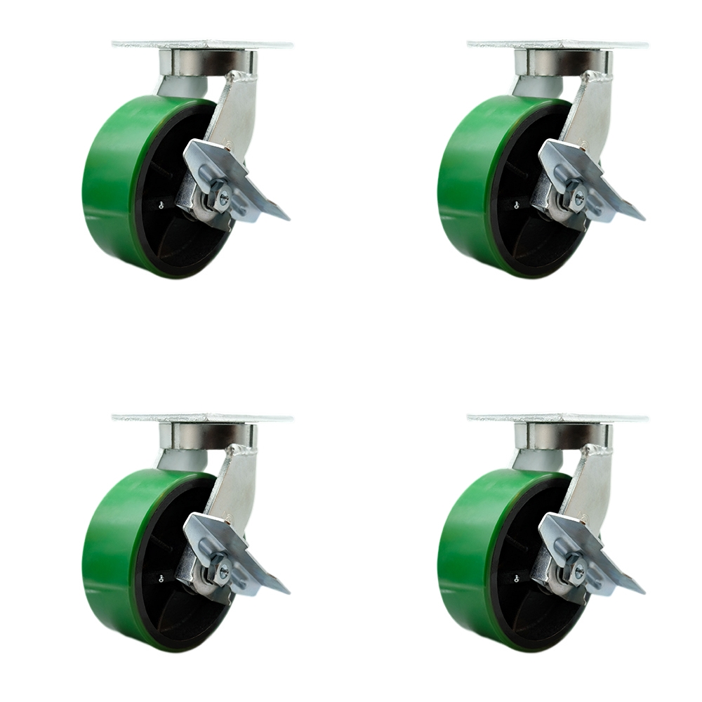 Extra Heavy Duty 8” x 3” Green Poly on Cast Iron Swivel Caster Set for Cranes, Gantries, Hoists, and Winches-4 Swivel Casters with Side Lock Brakes-2,500 lbs Per Caster-Set of 4- Service Caster Brand — photo 1