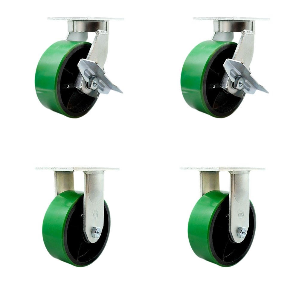 Extra Heavy Duty 8” x 3” Green Poly on Cast Iron Swivel Caster Set for Cranes, Gantries, Hoists, and Winches - 2 with Brake and Swivel Lock/2 Rigid-2,500 lbs Per Caster-Set of 4- Service Caster Brand — photo 1