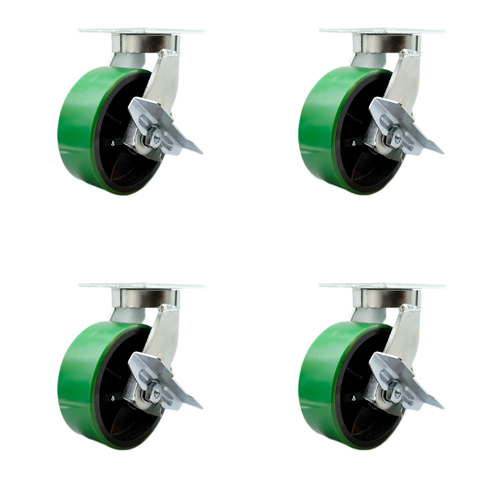 Extra Heavy Duty 8” x 3” Green Poly on Cast Iron Swivel Caster Set for Cranes, Gantries, Hoists,and Winches-2 with Brake and Swivel Lock/2 with Brake-2,500lbs Per Caster-Set of 4-Service Caster Brand — photo 1