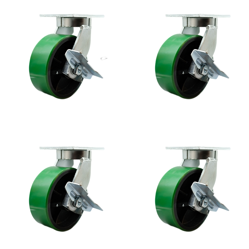 Extra Heavy Duty 8” x 3” Green Poly on Cast Iron Swivel Caster Set for Cranes, Gantries, Hoists, and Winches-4 Swivel with Brakes and Bolt-On Locks-2,500 lbs Per Caster-Set of 4- Service Caster Brand — photo 1