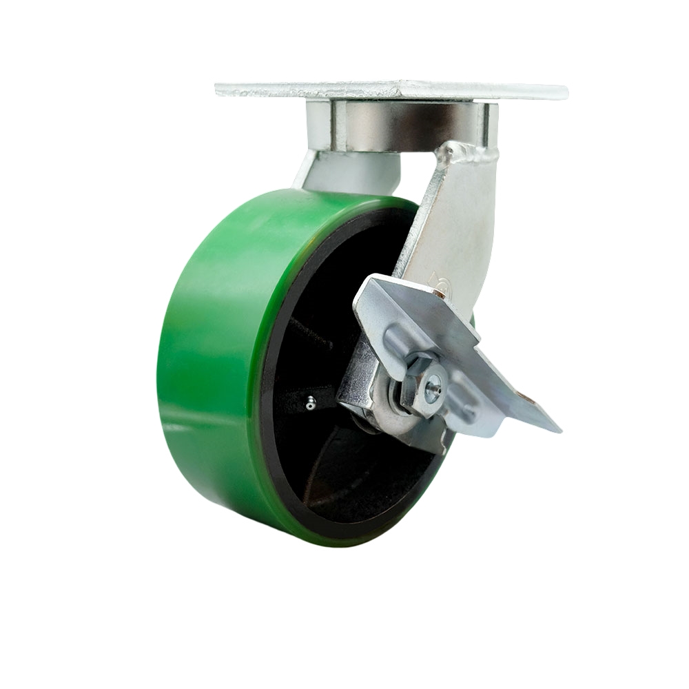 8 Inch Swivel Top Plate Extra Heavy Duty Caster with Green Polyurethane on Cast Iron Wheel and Brake and Bolt on Swivel Lock - Heavy Duty Caster Wheel-2,500 lbs. Capacity/Caster- Service Caster Brand — photo 1