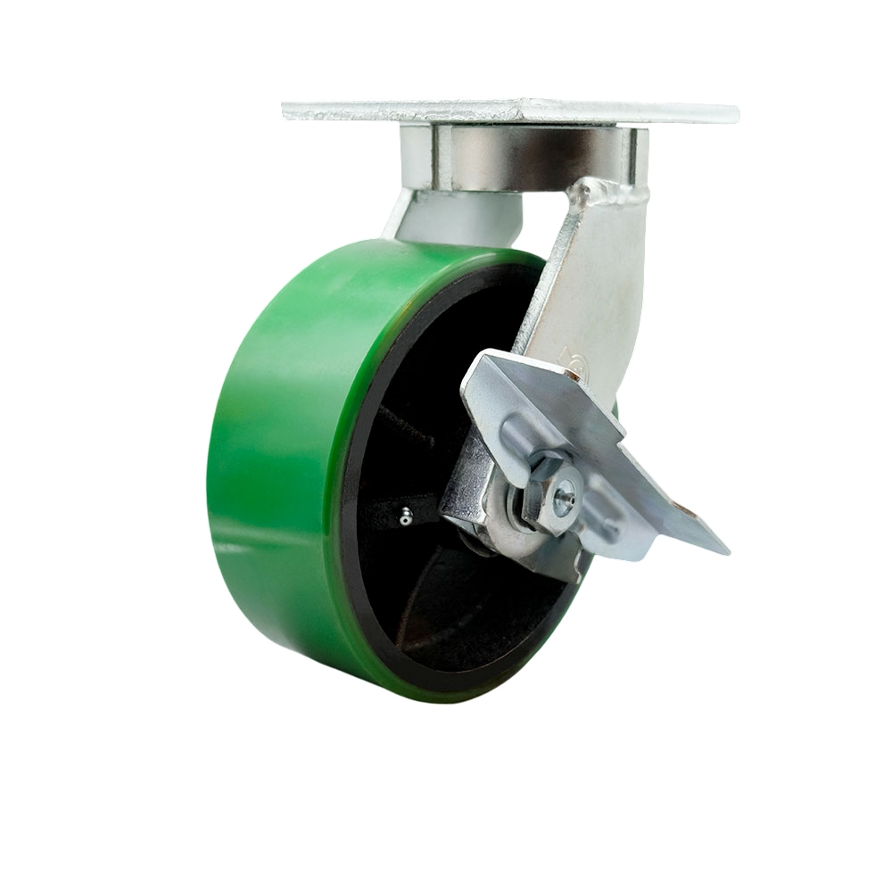 Extra Heavy Duty Kingpinless 8” x 3” Green Polyurethane on Cast Iron Swivel Caster with Side Lock Brake for Cranes, Gantries, Hoists, and Winches – 2,500 lbs Per Caster - Service Caster Brand — photo 1