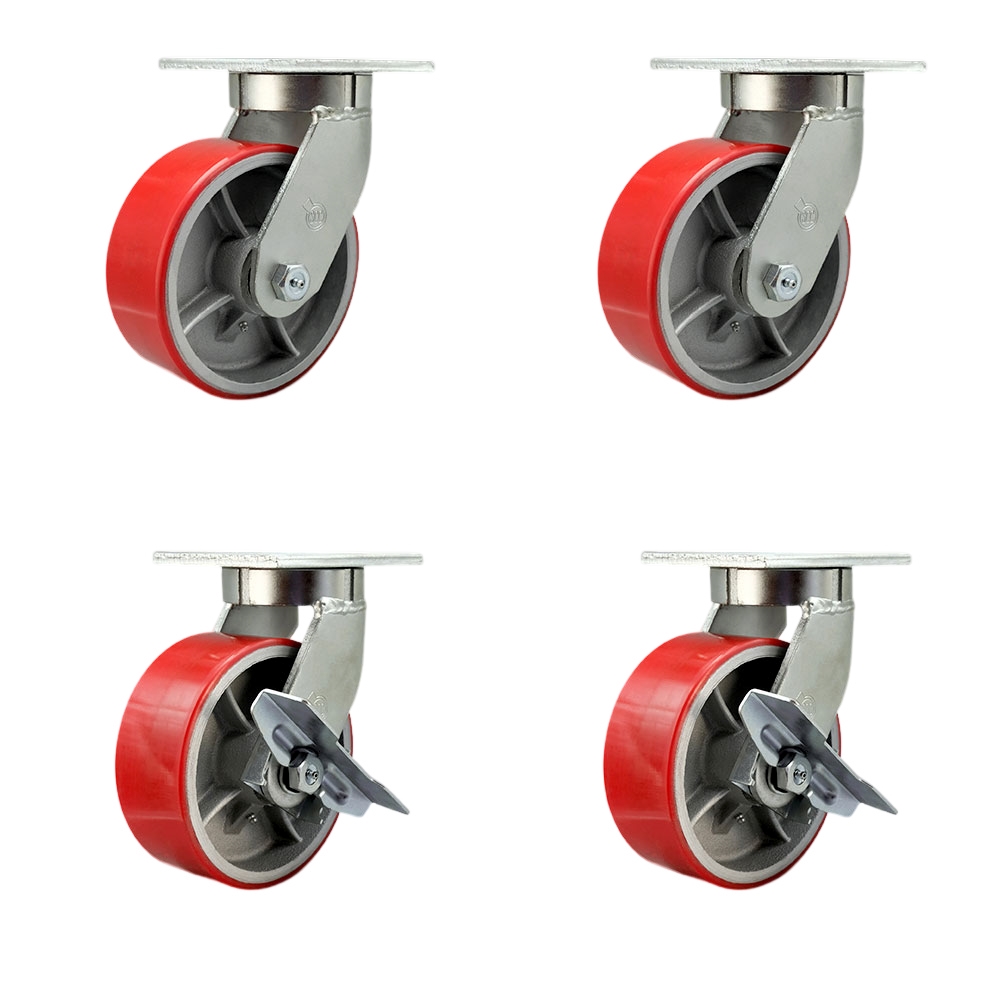 Extra Heavy Duty 8” x 3” Red Poly on Cast Iron Swivel Caster Set for Cranes, Gantries, Hoists, and Winches - 4 Swivel with 2 Side Lock Brakes -2,500 lbs Per Caster–Set of 4 - Service Caster Brand — photo 1