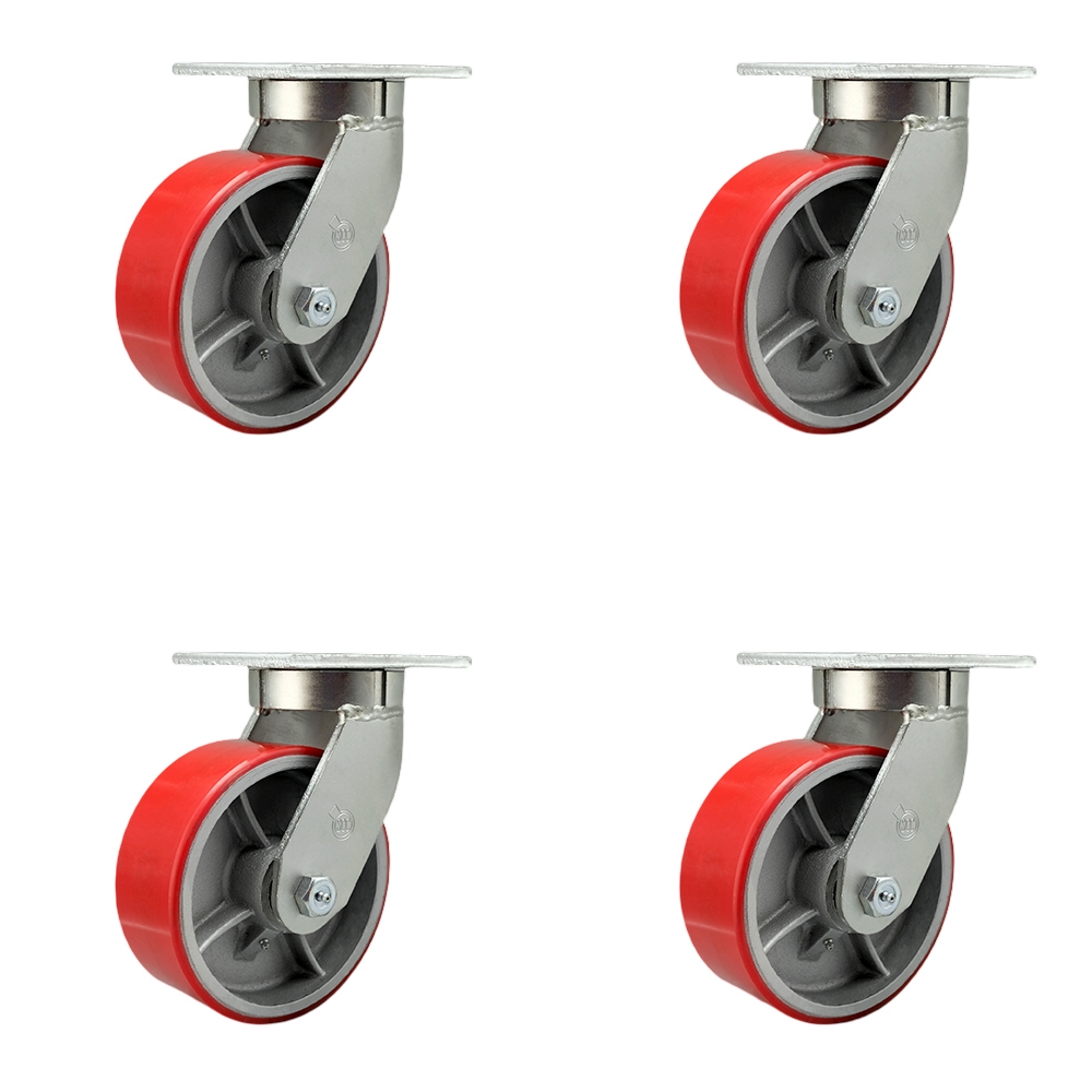 Extra Heavy Duty 8” x 3” Red Polyurethane on Cast Iron Swivel Caster Set for Cranes, Gantries, Hoists, and Winches - 4 Swivel Casters – 2,500 lbs Per Caster – Set of 4 - Service Caster Brand — photo 1
