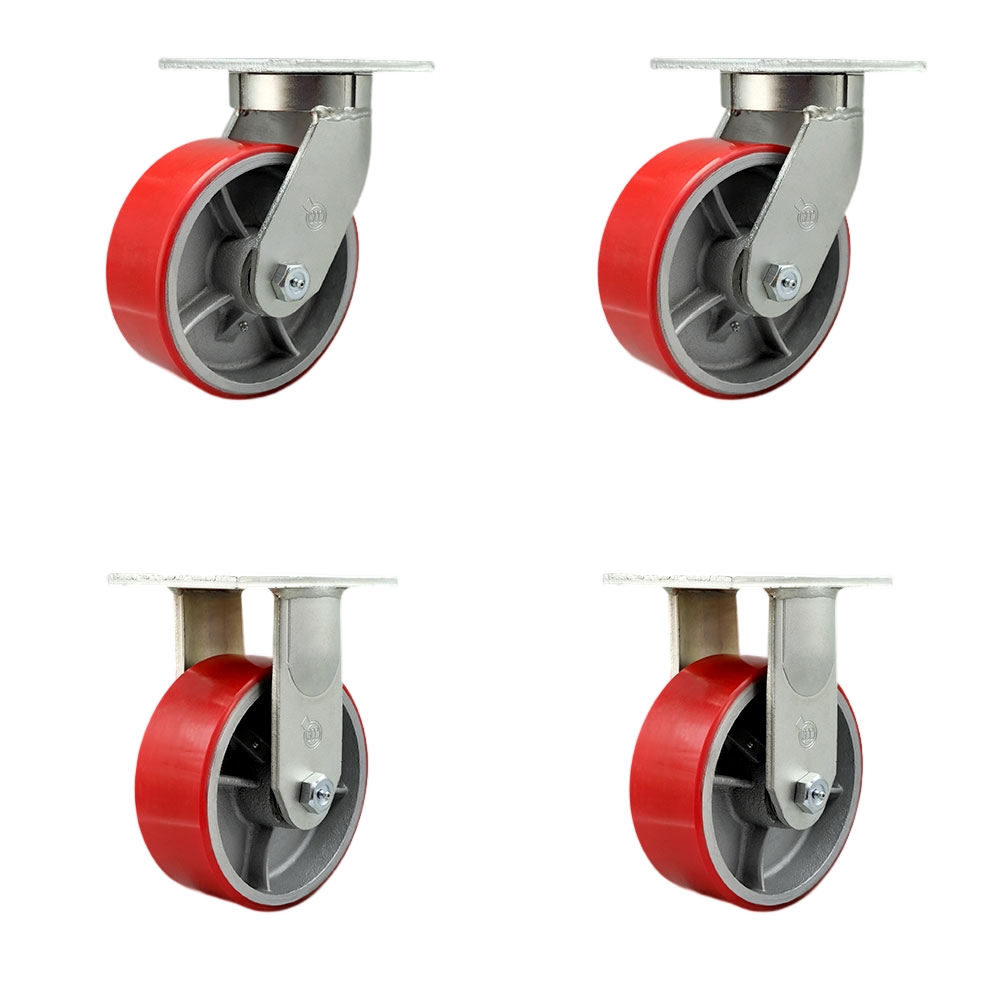 Extra Heavy Duty 8”x3” Red Poly on Cast Iron Swivel Caster Set for Cranes,Gantries,Hoists,and Winches-2 Swivel with Bolt-On Locks and 2 Rigid -2,500 lbs Per Caster-Set of 4 - Service Caster Brand — photo 1