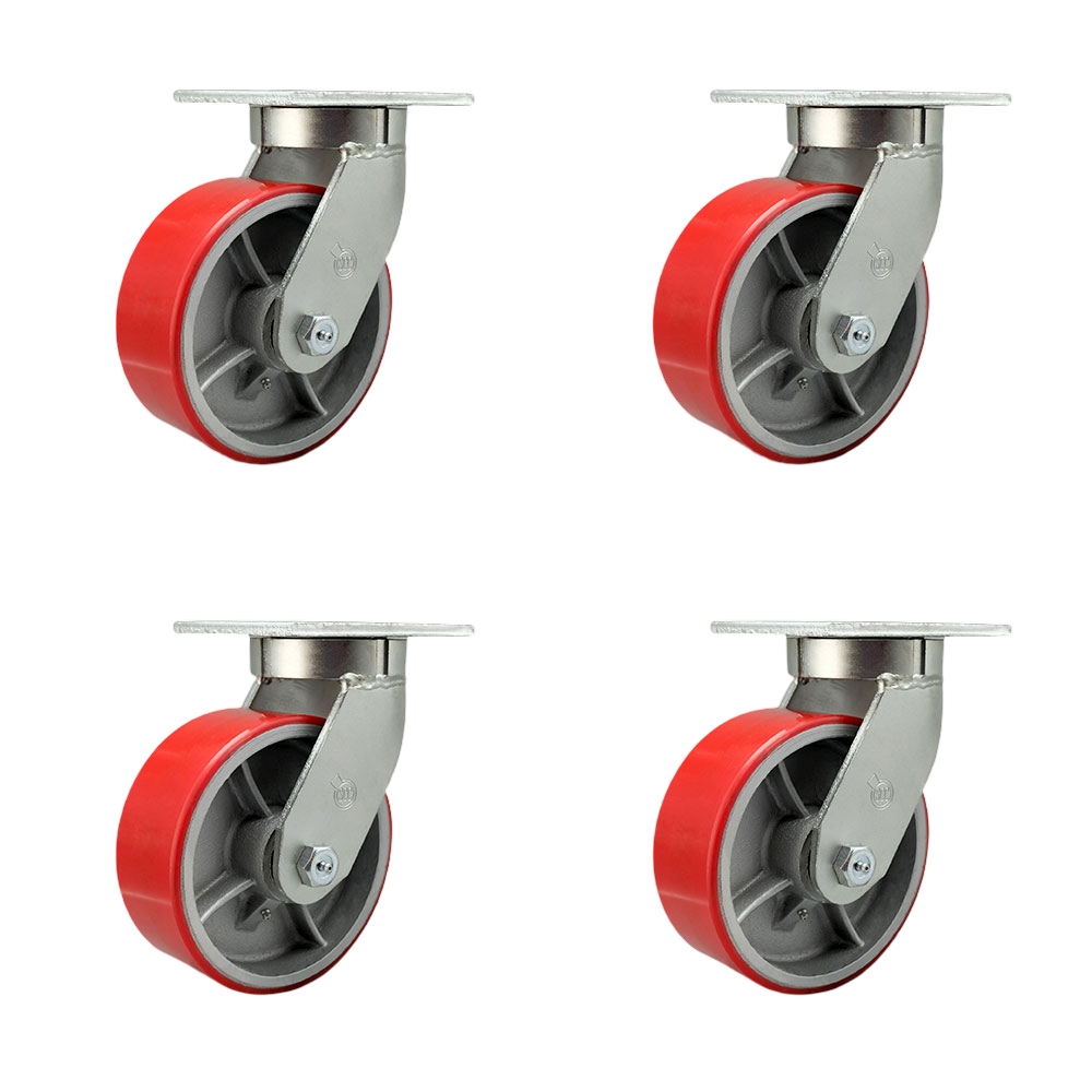 8 Inch Swivel Top Plate Caster Set Extra Heavy Duty Casters with Red Polyurethane on Cast Iron Wheels-Includes 4 Swivel with 2 Bolt on Swivel Locks-Casters Set of 4 Heavy Duty- Service Caster Brand — photo 1