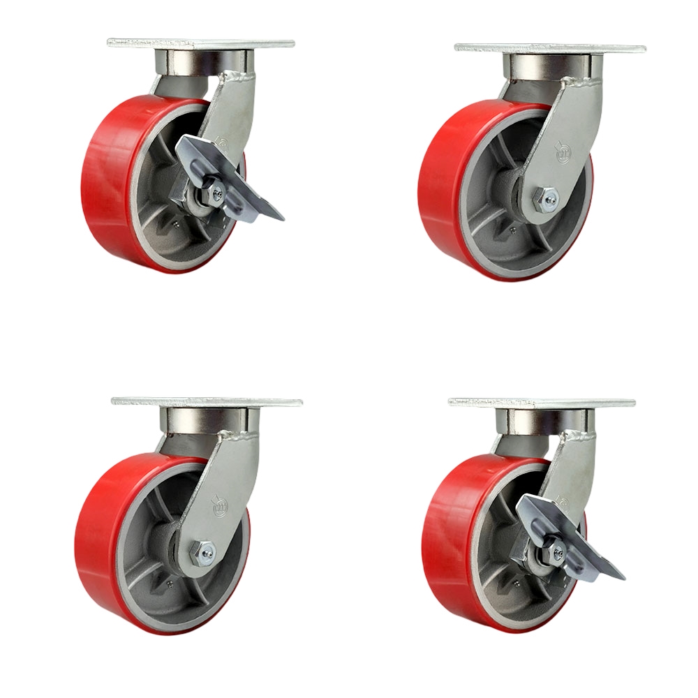 Extra Heavy Duty 8”x3” Red Poly on Cast Iron Swivel Caster Set for Cranes,Gantries,Hoists,and Winches-2 with Swivel Locks and 2 with Side Lock Brakes-2,500lbs Per Caster-Set 4- Service Caster Brand — photo 1