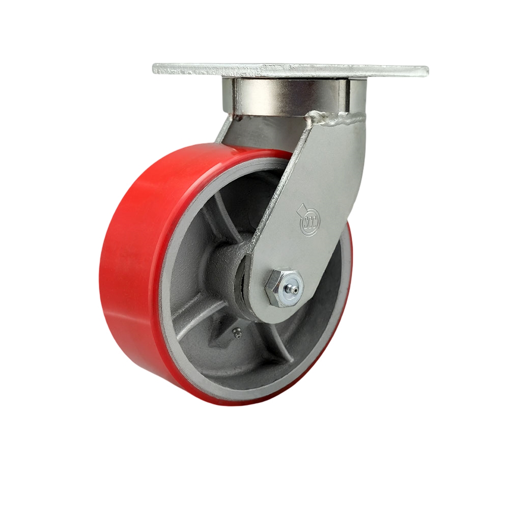 Extra Heavy Duty Kingpinless 8” x 3” Red Polyurethane on Cast Iron Swivel Caster with Bolt on Swivel Lock for Cranes, Gantries, Hoists, and Winches – 2,500 lbs Per Caster - Service Caster Brand — photo 1