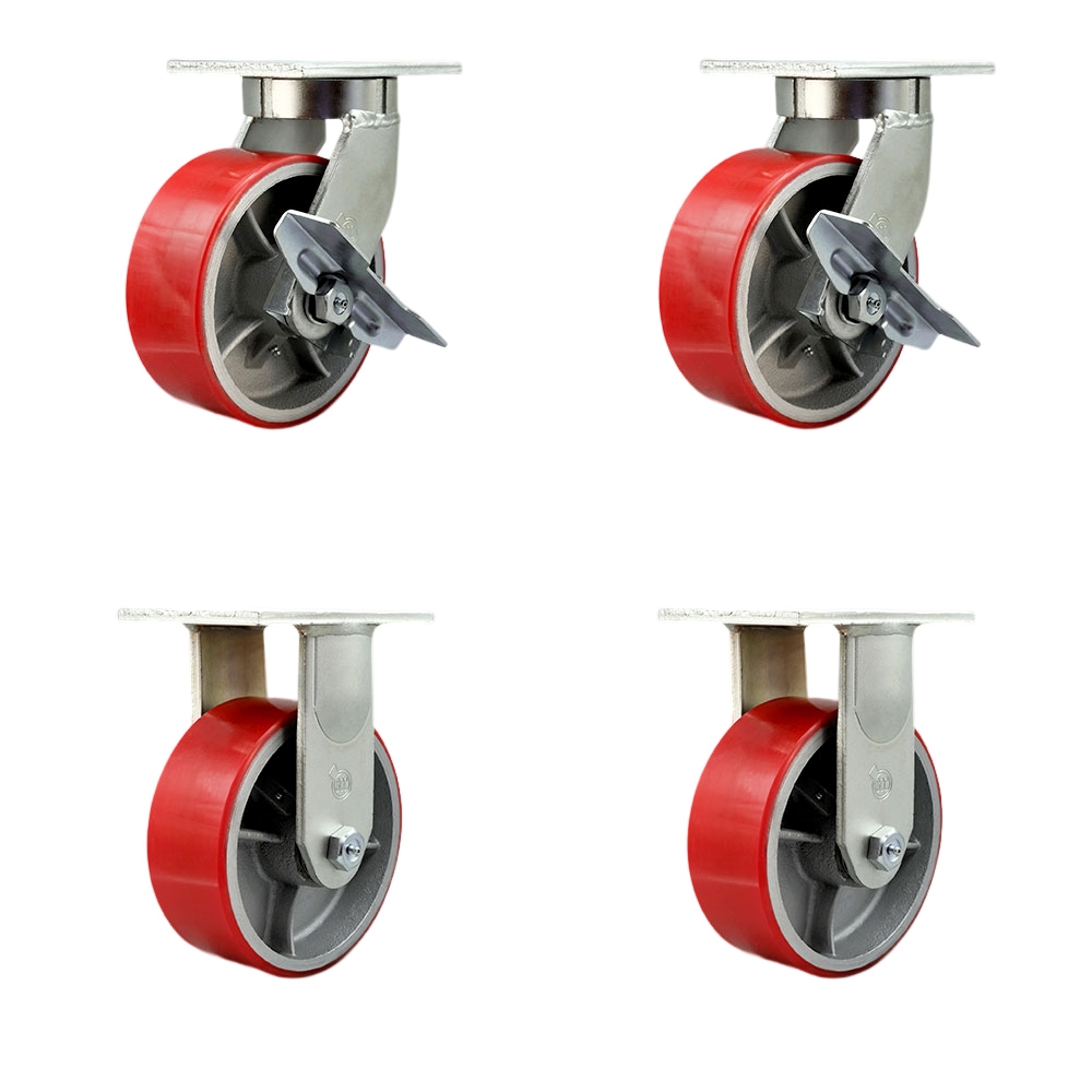 8 Inch Swivel Top Plate Caster Set Extra Heavy Duty Casters with Red Polyurethane on Cast Iron Wheels - Includes 2 Swivel with Brakes and 2 Rigid - Casters Set of 4 Heavy Duty- Service Caster Brand — photo 1
