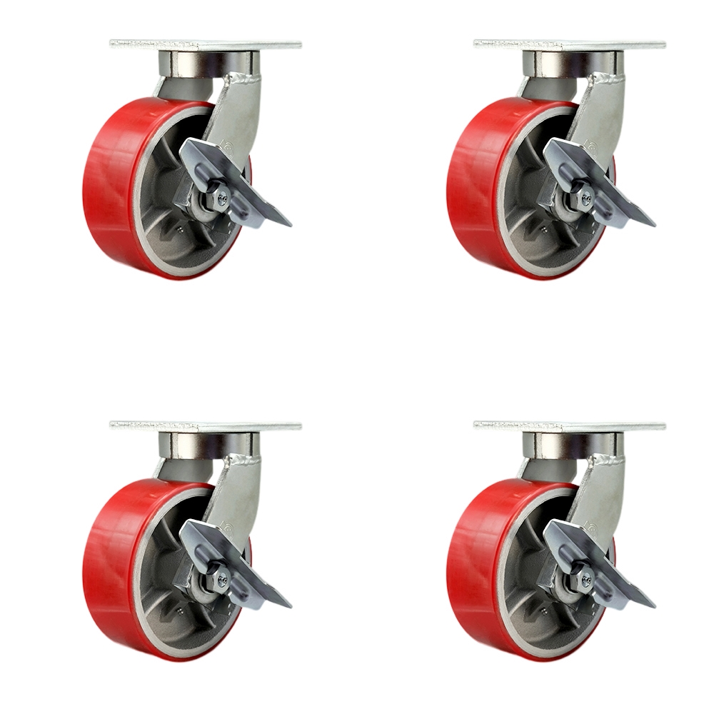 Extra Heavy Duty 8” x 3” Red Poly on Cast Iron Swivel Caster Set for Cranes, Gantries, Hoists, and Winches-4 Swivel Casters with Side Lock Brakes-2,500 lbs Per Caster-Set of 4- Service Caster Brand — photo 1