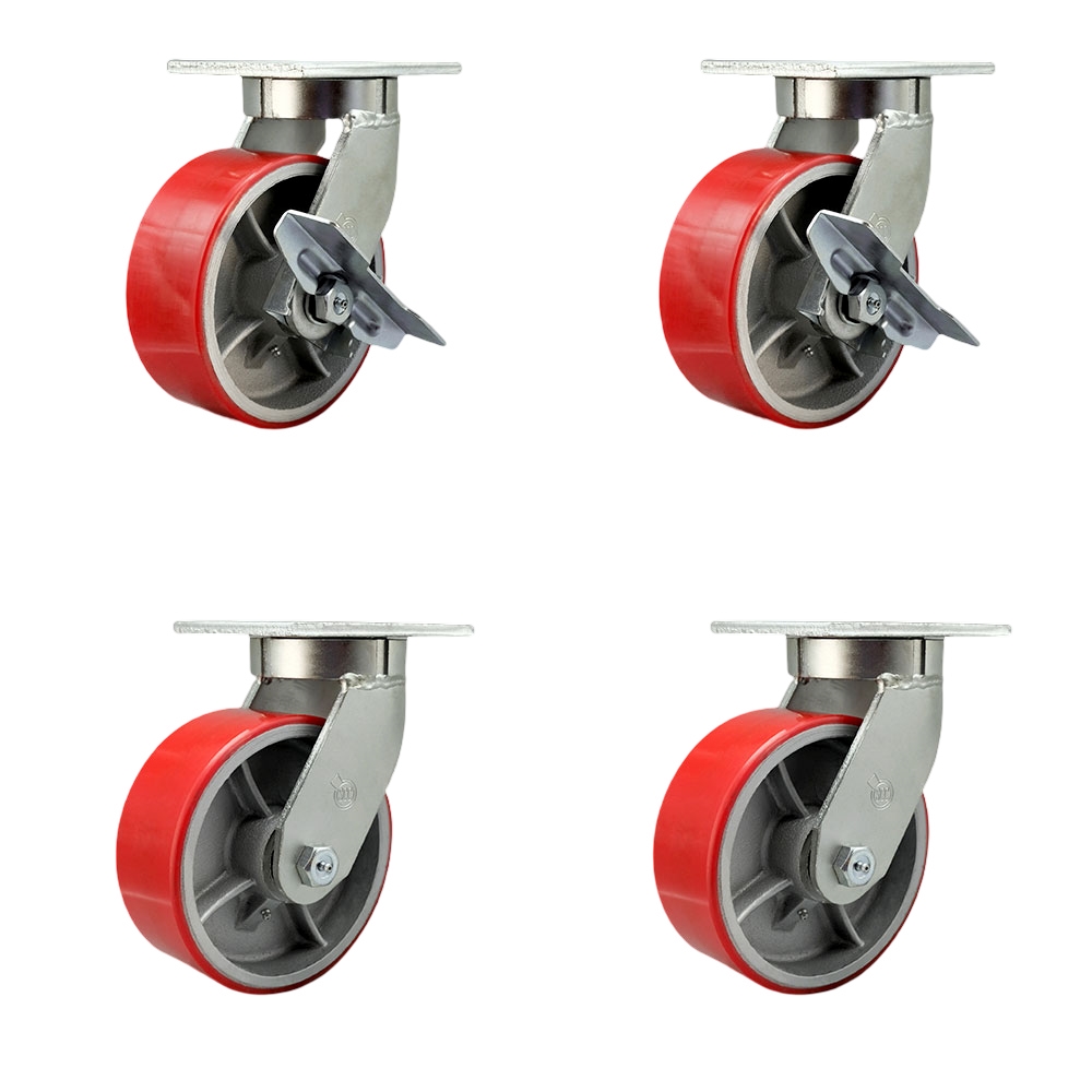 8 Inch Swivel Top Plate Caster Set Extra Heavy Duty Casters with Red Poly on Cast Iron Wheel-Include 2 Swivel w/Brake and Bolt on Swivel Lock and 2 Swivel w/Bolt on Swivel Lock-Service Caster Brand — photo 1