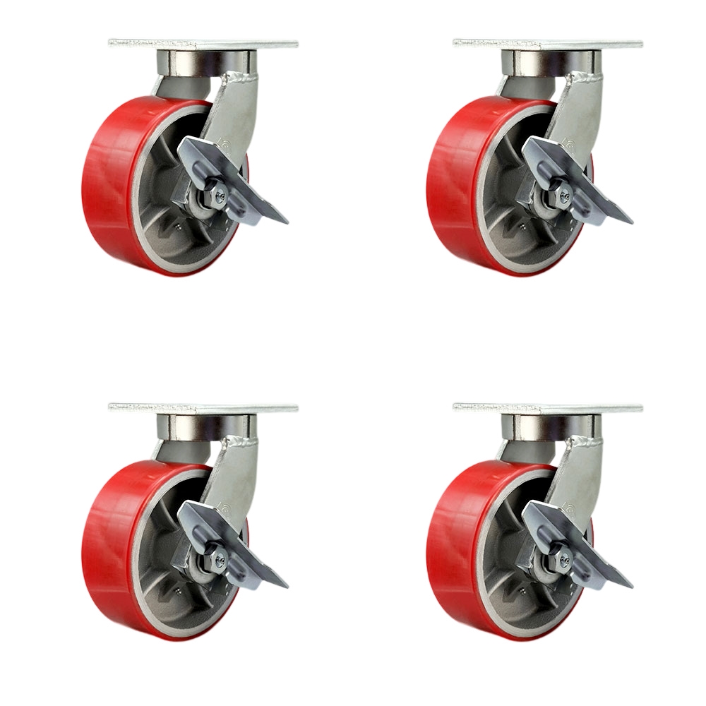 Extra Heavy Duty 8” x 3” Red Poly on Cast Iron Swivel Caster Set for Cranes, Gantries, Hoists,and Winches-2 with Brake and Swivel Lock/2 with Brake-2,500lbs Per Caster-Set of 4-Service Caster Brand — photo 1