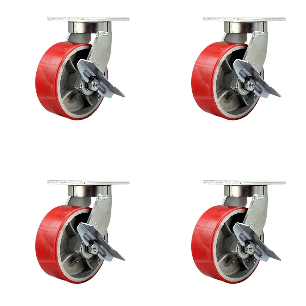 Extra Heavy Duty 8” x 3” Red Poly on Cast Iron Swivel Caster Set for Cranes, Gantries, Hoists, and Winches-4 Swivel with Brakes and Bolt-On Locks-2,500 lbs Per Caster-Set of 4- Service Caster Brand — photo 1