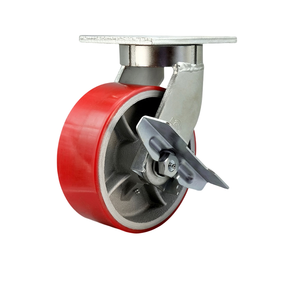 8 Inch Swivel Top Plate Extra Heavy Duty Caster with Red Polyurethane on Cast Iron Wheel and Brake and Bolt on Swivel Lock - Heavy Duty Caster Wheel-2,500 lbs. Capacity/Caster- Service Caster Brand — photo 1