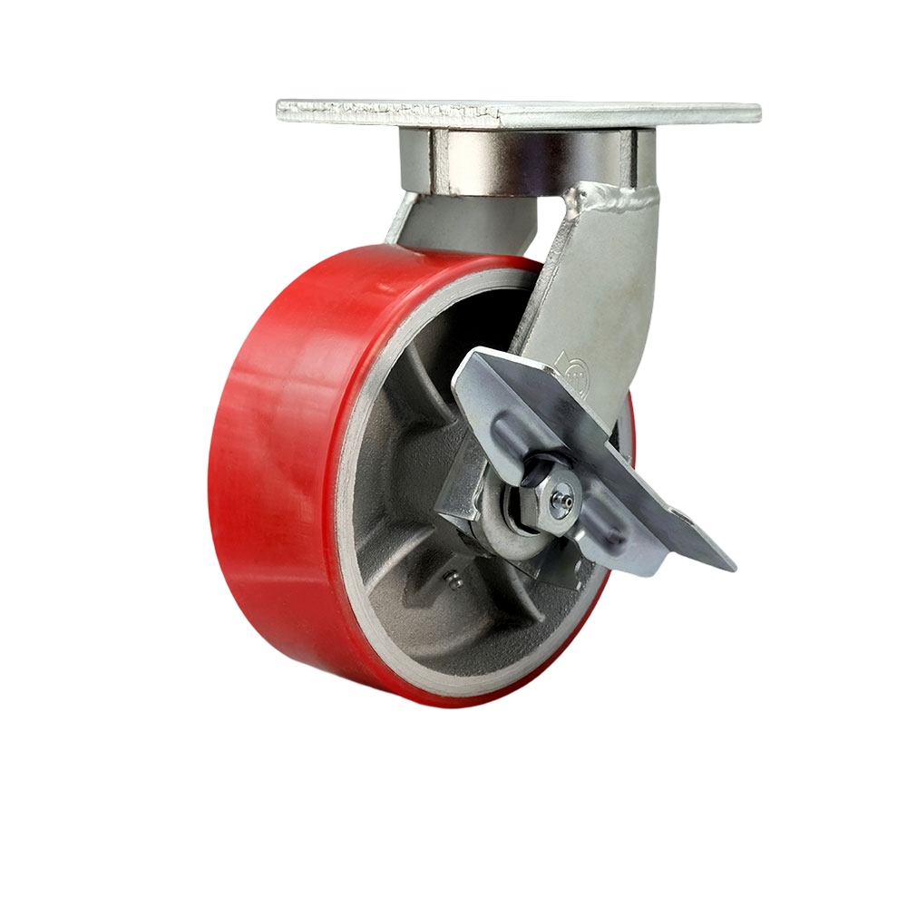8 Inch Swivel Top Plate Extra Heavy Duty Caster with Red Poly on Cast Iron Wheel and Side Lock Brake- Heavy Duty Caster Wheel - Industrial Caster - 2,500 lbs. Capacity/Caster - Service Caster Brand — photo 1