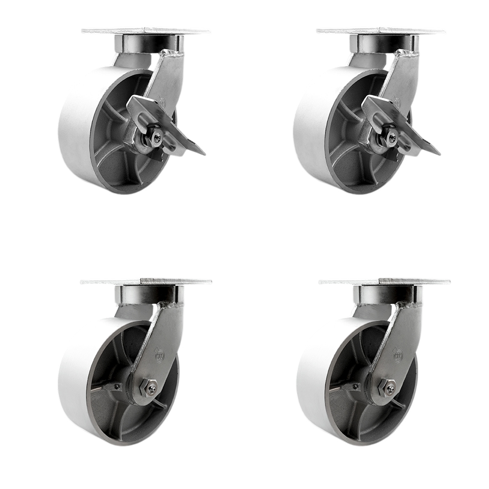 8 Inch Swivel Top Plate Caster Set Extra Heavy Duty Casters with Semi Steel Cast Iron Wheels-Includes 2 Swivel w/Brake and Bolt on Swivel Locks and 2 Swivel w/Bolt on Swivel Lock-Service Caster Brand — photo 1