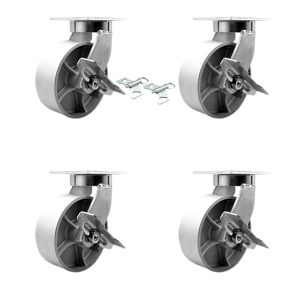 8 Inch Swivel Top Plate Caster Set Extra Heavy Duty Casters with Semi Steel Cast Iron Wheels-Includes 2 Swivel with Brake and Bolt on Swivel Lock and 2 Swivel with Brake-Set of 4-Service Caster Brand — photo 1