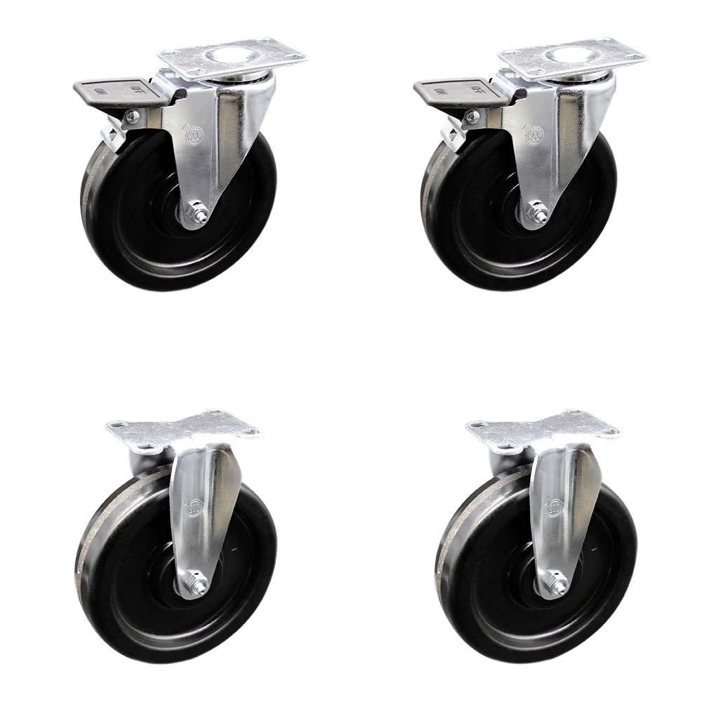 Phenolic Swivel Top Plate Caster Set of 4 with Roller Bearings - 6 Inch Wheels - Includes 2 Swivel with Posi Locking Brakes and 2 Rigid- 1200 lbs. Total Capacity - Service Caster Brand — photo 1