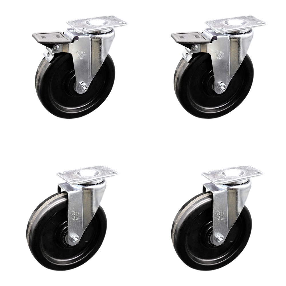 Phenolic Swivel Top Plate Caster Set of 4 with Roller Bearings - 6 Inch Wheels - Includes 2 Swivel with Posi Locking Brakes and 2 Swivel-1200 lbs. Total Capacity - Service Caster Brand — photo 1