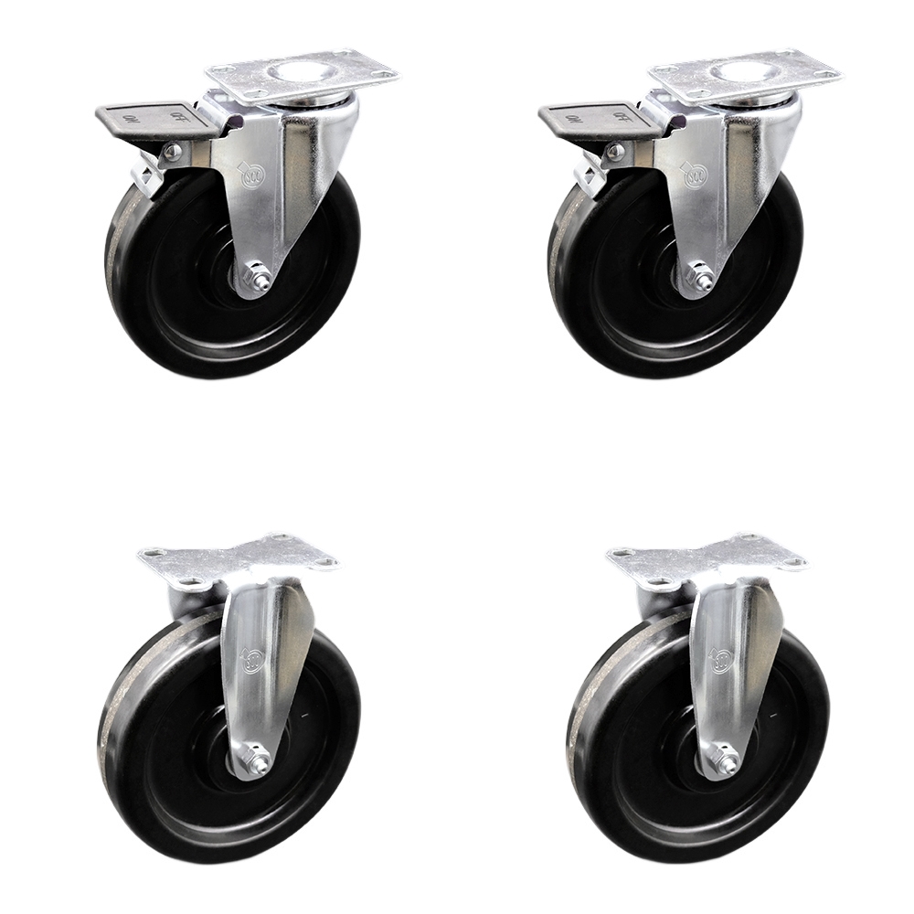 Phenolic Swivel Top Plate Caster Set of 4 with 6 Inch Black Wheels - Includes 2 Swivel with Posi Locking Brakes and 2 Rigid - 1200 lbs. Total Capacity - Service Caster Brand — photo 1