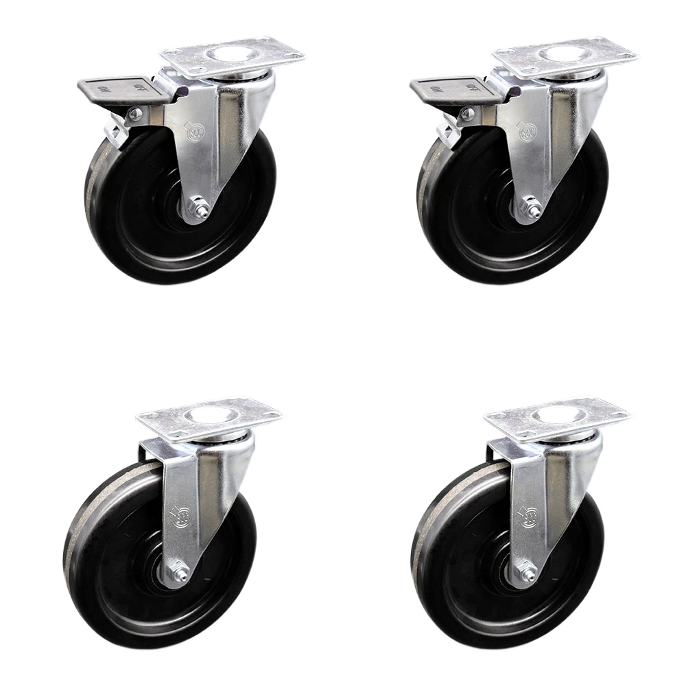 Phenolic Swivel Top Plate Caster Set of 4 with 6 Inch Black Wheels - Includes 2 Swivel with Posi Locking Brakes and 2 Swivel - 1200 lbs. Total Capacity - Service Caster Brand — photo 1