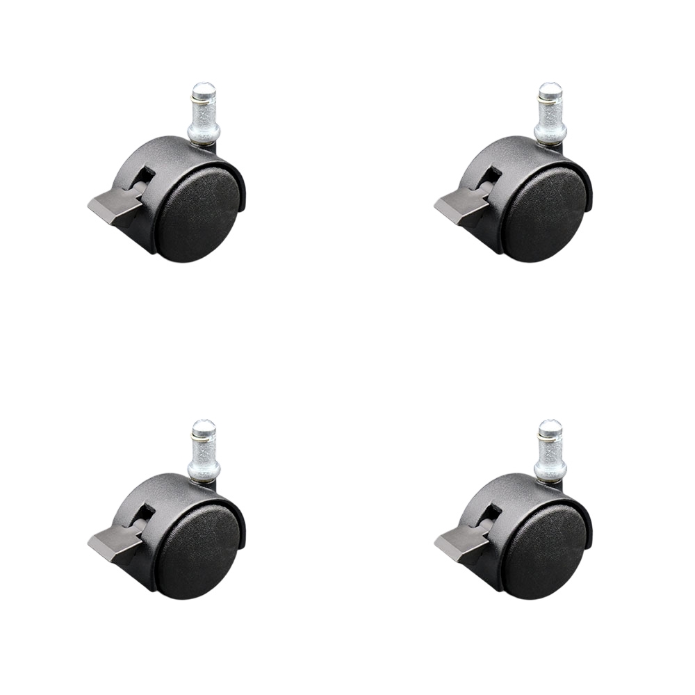 2 Inch Office Chair Stem Casters Set of 4 - Flat Black Hooded Nylon Twin Wheel with 7/16 Inch by 7/8 Inch Grip Ring Stem Casters and Brakes - 300 lbs. Total Capacity - Service Caster Brand — photo 1