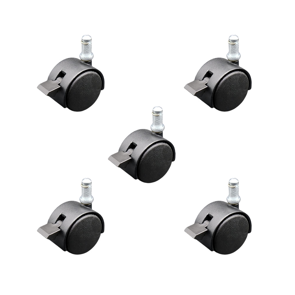 2 Inch Office Chair Stem Casters Set of 5 - Flat Black Hooded Nylon Twin Wheel with 7/16 Inch by 7/8 Inch Grip Ring Stem Casters and Brakes - 375 lbs. Total Capacity - Service Caster Brand — photo 1