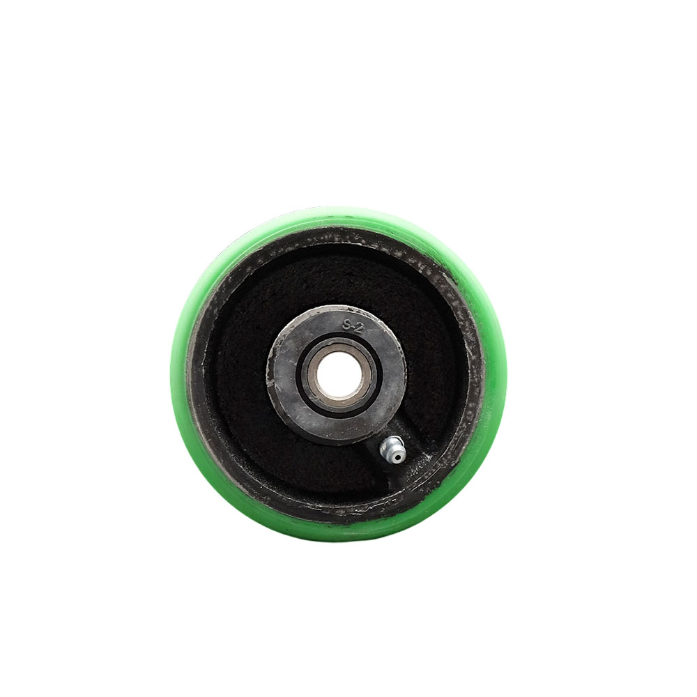 4" x 2" Green Polyurethane on Black Semi Steel Cast Iron Wheel Only with Roller Bearing - 1/2" Bore - 700 lbs Capacity per Wheel  -  Service Caster Brand — photo 1