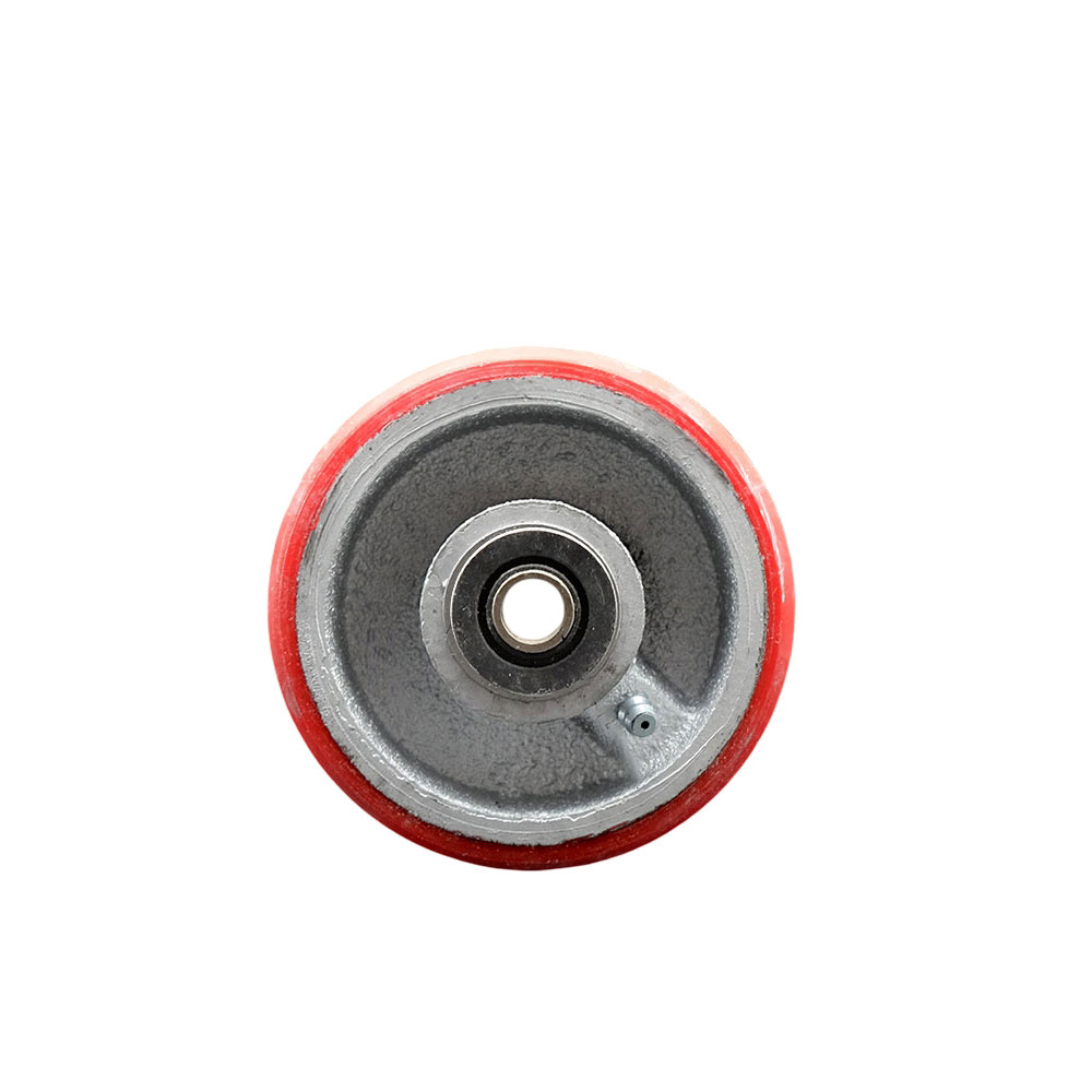 4" x 2" Red Polyurethane on Silver Semi Steel Cast Iron Wheel Only with Roller Bearing - 1/2" Bore - 700 lbs Capacity per Wheel  -  Service Caster Brand — photo 1