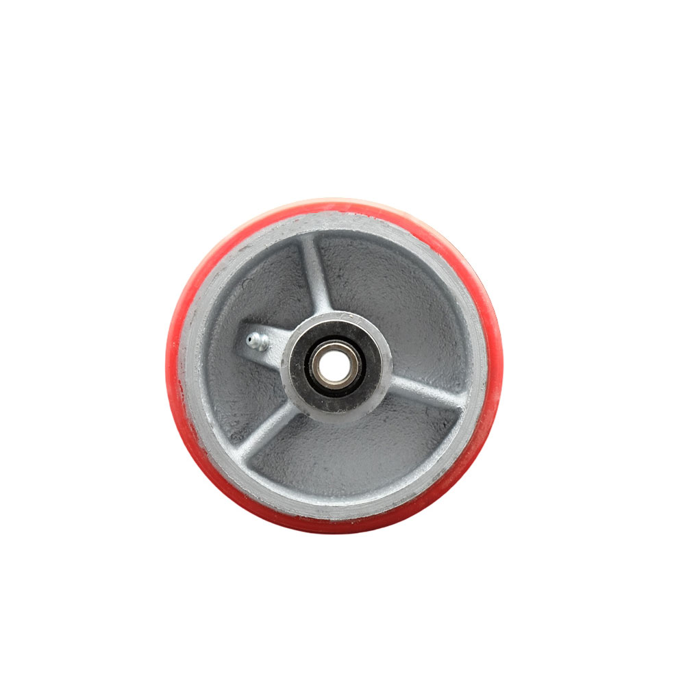5" x 2" Red Polyurethane on Silver Semi Steel Cast Iron Wheel Only with Roller Bearing - 1/2" Bore - 1000 lbs Capacity per Wheel  -  Service Caster Brand — photo 1