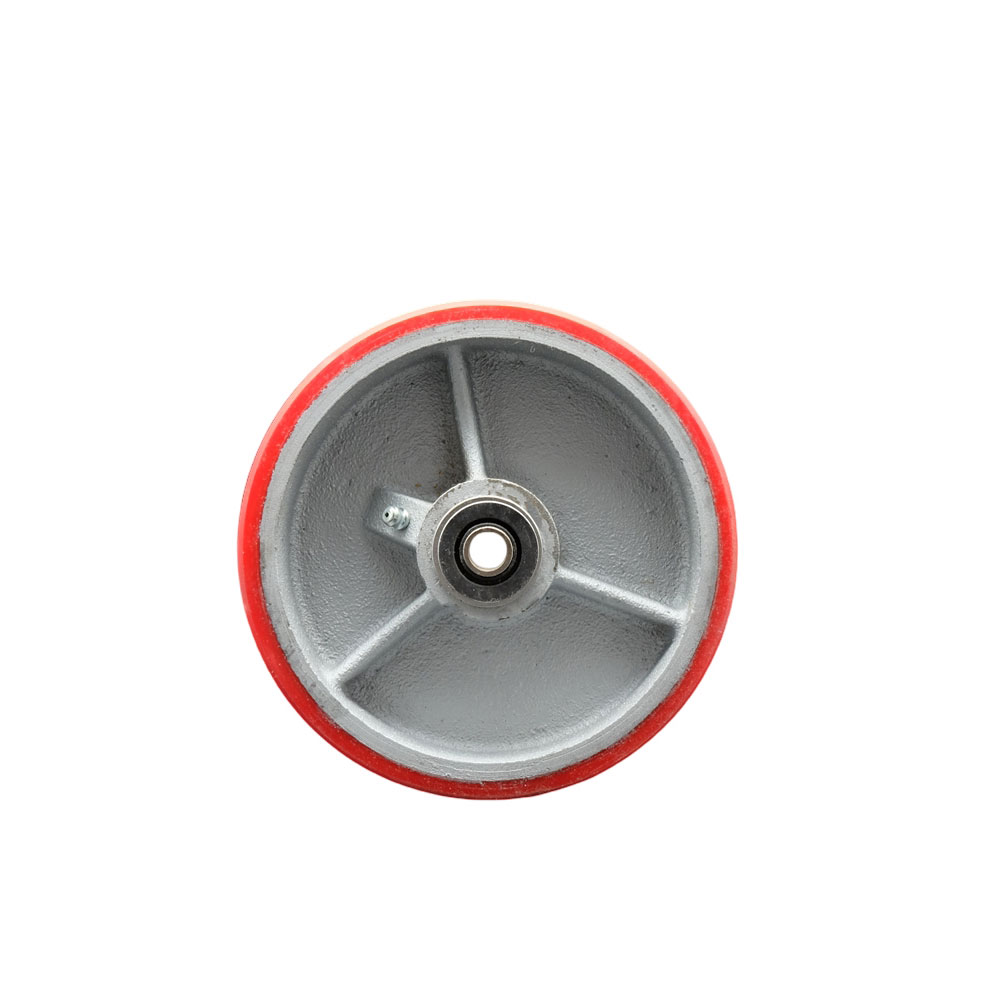 6" x 2" Red Polyurethane on Silver Semi Steel Cast Iron Wheel Only with Roller Bearing - 1/2" Bore - 1200 lbs Capacity per Wheel  -  Service Caster Brand — photo 1