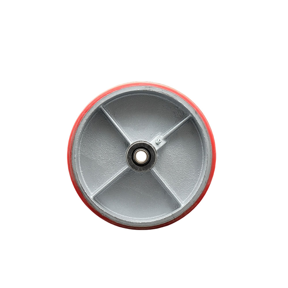 8" x 2" Red Polyurethane on Silver Semi Steel Cast Iron Wheel Only with Roller Bearing - 1/2" Bore - 1400 lbs Capacity per Wheel  -  Service Caster Brand — photo 1