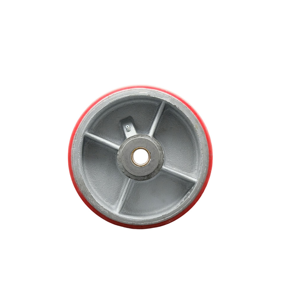 8" x 3" Red Polyurethane on Silver Semi Steel Cast Iron Wheel Only with Roller Bearing - 3/4" Bore - 2500 lbs Capacity per Wheel  -  Service Caster Brand — photo 1