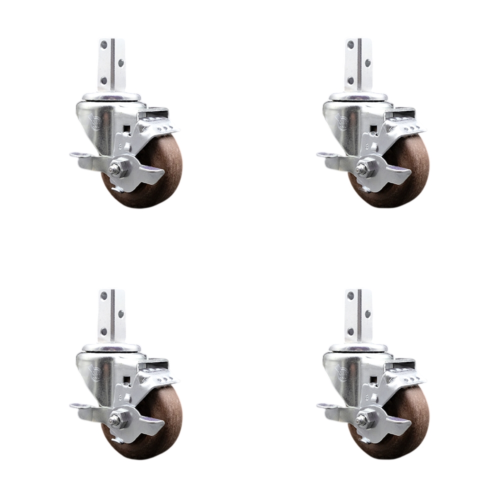 Swvl Square Stem Caster Set 4 w/3” x 1.25” Brown Glass Filled Nylon Wheel-3/4” x 2” Square Stem with (3) 17/64” Diameter Mounting Holes-Includes 4 Top Lck BRK-1400lbs. Cpty/Caster-Service Caster Brand — photo 1