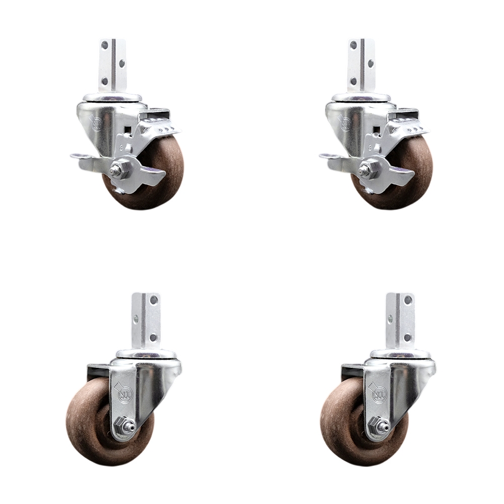 Swivel Square Stem Caster Set 4 w/3” x 1.25” Brown Glass Filled Nylon Wheel-7/8” x 2” Square Stem with (3) 17/64” Diameter Mounting Hole-Include 2 Top Lck BRK-1400lbs. Cpty/Caster-Service Caster Brand — photo 1