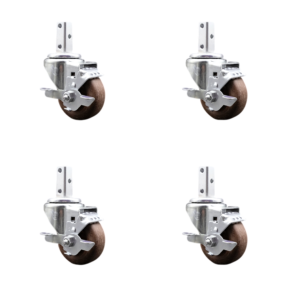 Swivel Square Stem Caster Set 4 w/3” x 1.25” Brown Glass Filled Nylon Wheel-7/8” x 2” Square Stem with (3) 17/64” Diameter Mounting Hole-Include 4 Top Lck BRK-1400lbs. Cpty/Caster-Service Caster Brand — photo 1