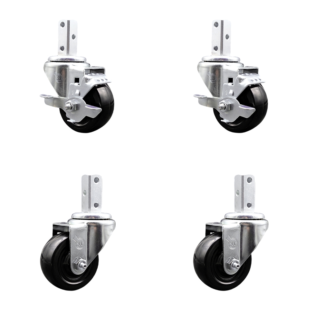 Swivel Square Stem Caster Set 4 w/3” x 1.25” Black Hard Rubber Wheel-3/4” x 2” Square Stem with (3) 17/64” Diameter Mounting Holes-Includes 2 Top Lck Brakes-1100lbs. Cpty/Caster - Service Caster Brand — photo 1