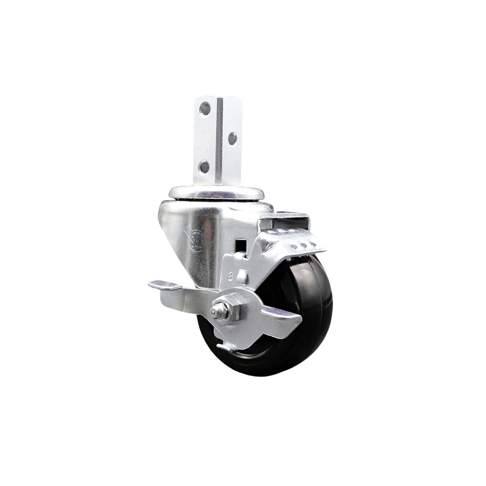 Swivel Square Stem Caster w/3” x 1.25” Black Hard Rubber Wheel – 3/4” x 2” Square Stem with (3) 17/64” Diameter Mounting Holes & Top Lock Brakes – 275 lbs. Capacity/Caster – Service Caster Brand — photo 1