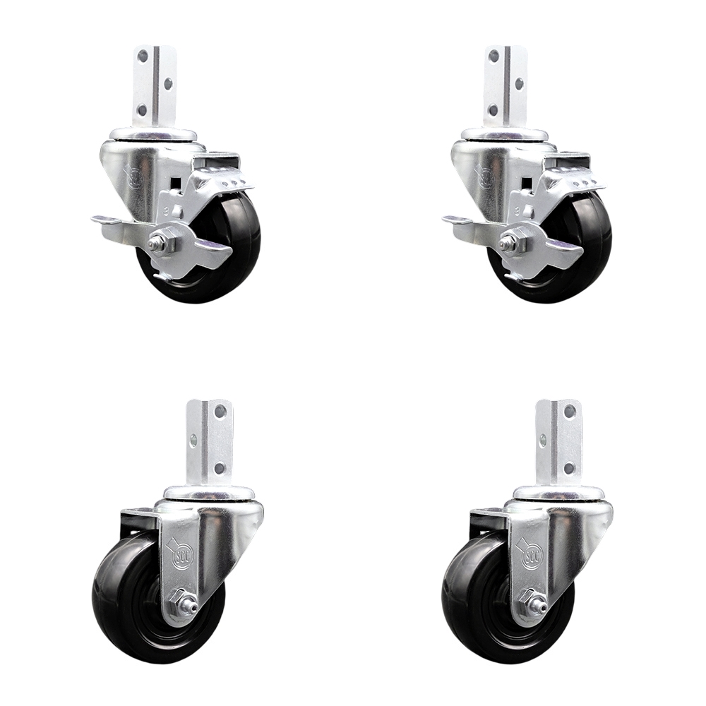 Swivel Square Stem Caster Set 4 w/3” x 1.25” Black Hard Rubber Wheel-7/8” x 2” Square Stem with (3) 17/64” Diameter Mounting Holes-Includes 2 Top Lck Brakes-1100lbs. Cpty/Caster - Service Caster Brand — photo 1