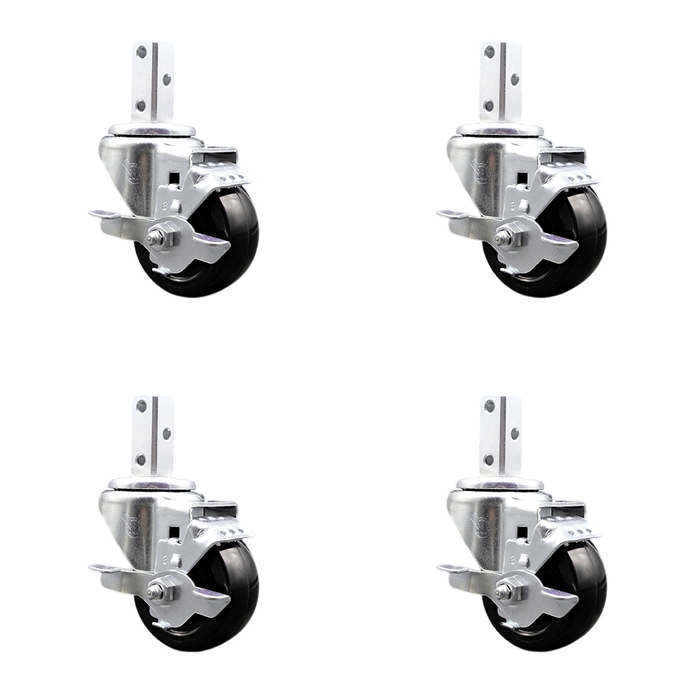 Swivel Square Stem Caster Set 4 w/3” x 1.25” Black Hard Rubber Wheel-7/8” x 2” Square Stem with (3) 17/64” Diameter Mounting Holes-Includes 4 Top Lck Brakes-1100lbs. Cpty/Caster - Service Caster Brand — photo 1