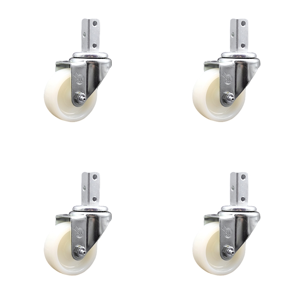 Swivel Square Stem Caster Set 4 w/3” x 1.25” White Nylon Wheel - 3/4” x 2” Square Stem with (3) 17/64” Diameter Mounting Holes - Includes 4 Swivel - 1200 lbs. Cpty/Caster - Service Caster Brand — photo 1